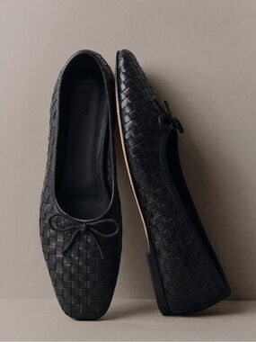 Quince Italian Leather Handwoven Square Toe Ballet Flat Black Shoes NEW